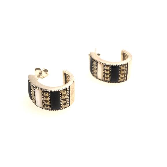 Sterling Silver Onyx & Mother of Pearl Marcasite Hoop Earrings 925 - Picture 6 of 11